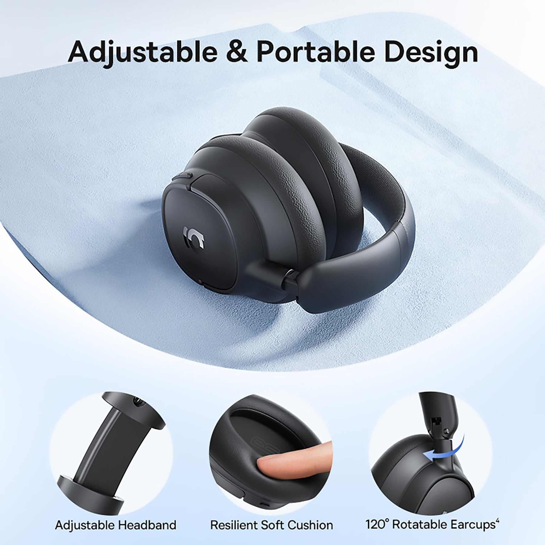 Black headphones with adjustable and portable design features on a light blue background