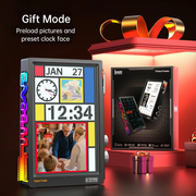 Divoom Times Frame 10.1" Transparent Smart Display (64GB, Wi‑Fi 6, RGB Lighting) Digital photo frame with colorful display and gift box in the background