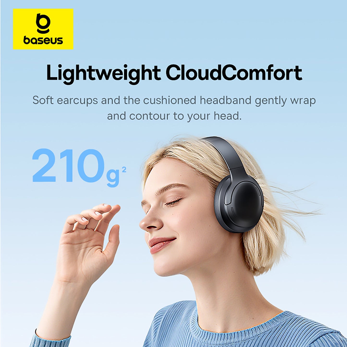 Woman wearing black headphones with Baseus logo and product details on a light blue background
