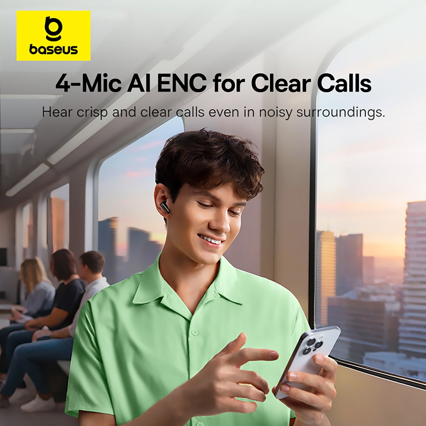 Person using a smartphone with 4-Mic AI ENC for clear calls, Baseus brand visible