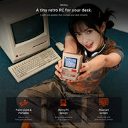 Divoom MiniToo Retro Pixel Bluetooth Speaker (1.77" Screen, 5W, App Control) Person holding a small retro-style PC with text about Minitoo product features.