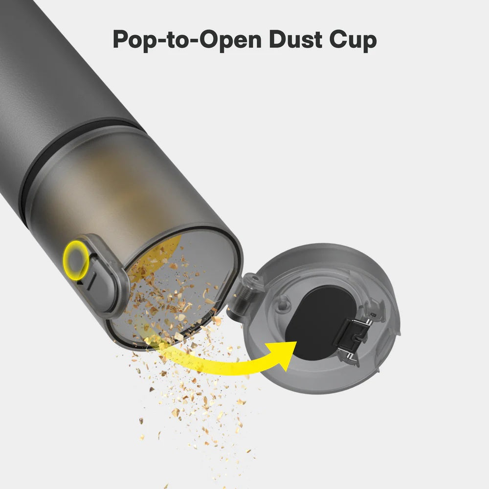 Illustration of a pop-to-open dust cup mechanism with a yellow arrow pointing to the open lid.