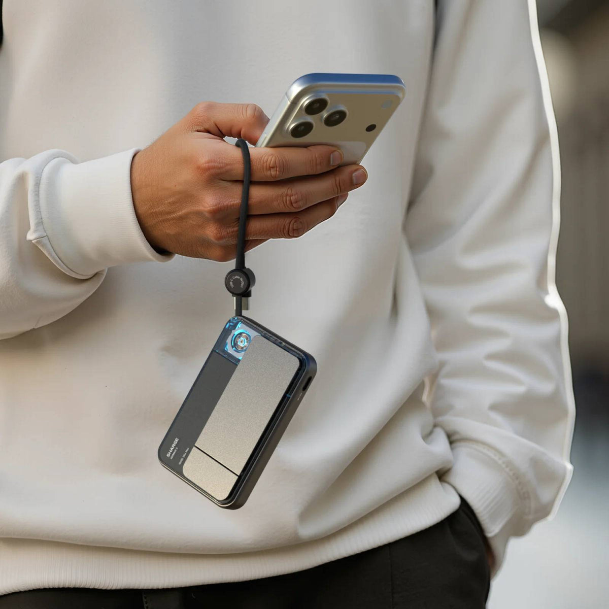 Sharge ICEMAG 3 MagSafe Power Bank (10000mAh, 25W Wireless, 35W USB‑C PD) Person holding a phone with a lanyard attached, wearing a white sweatshirt.