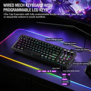 Wired mechanical keyboard with programmable LCD keys on a dark surface with colorful lighting.