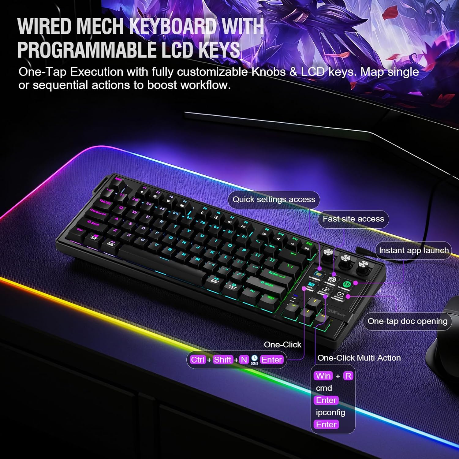 Wired mechanical keyboard with programmable LCD keys on a dark surface with colorful lighting.