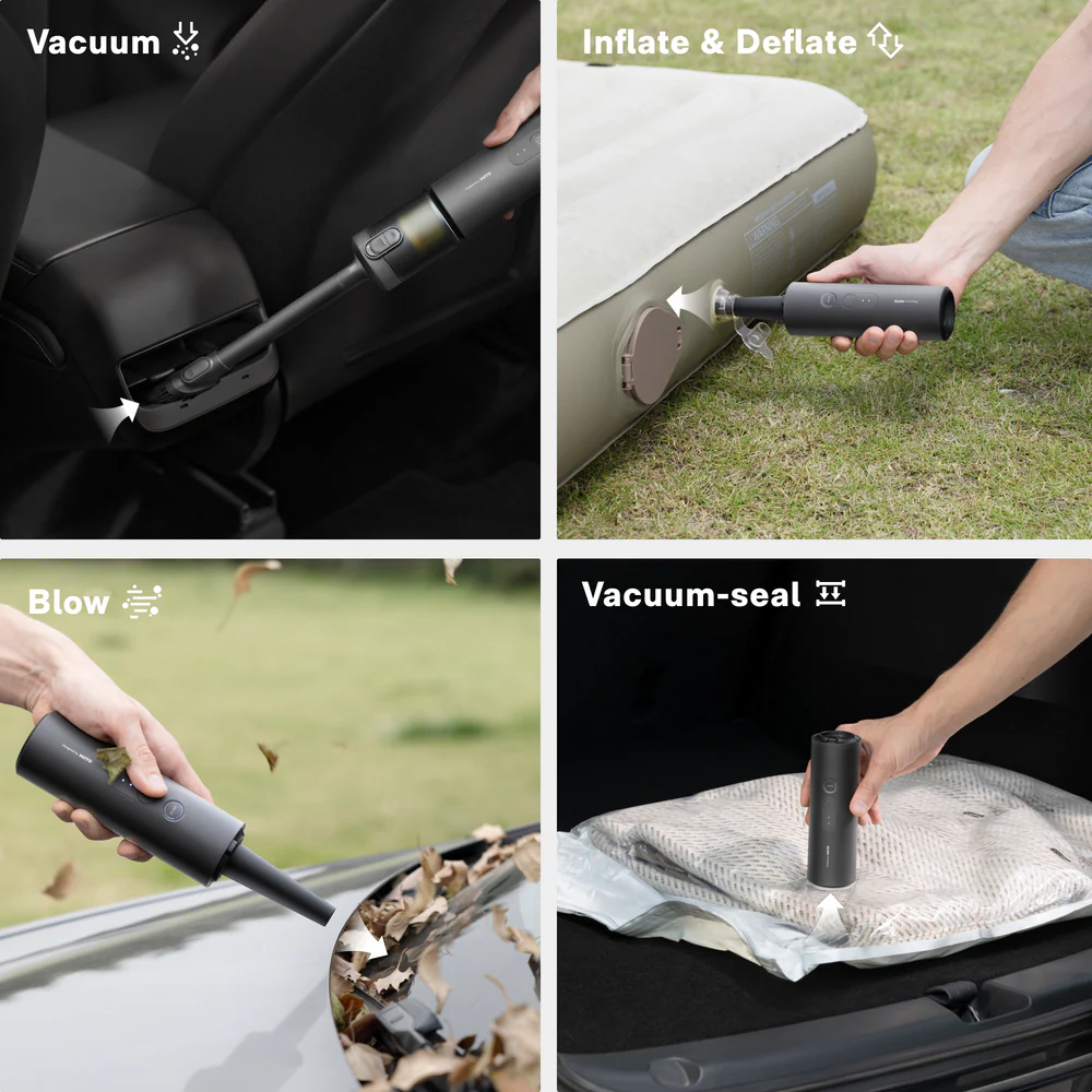 Multifunctional tool being used for cleaning car interior, inflating and deflating an air mattress, blowing leaves, and vacuum-sealing items.