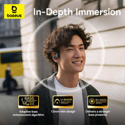 Person wearing wireless earbuds with Baseus branding and product features displayed.