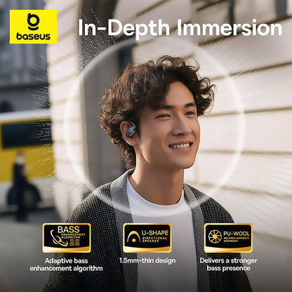 Person wearing wireless earbuds with Baseus branding and product features displayed.
