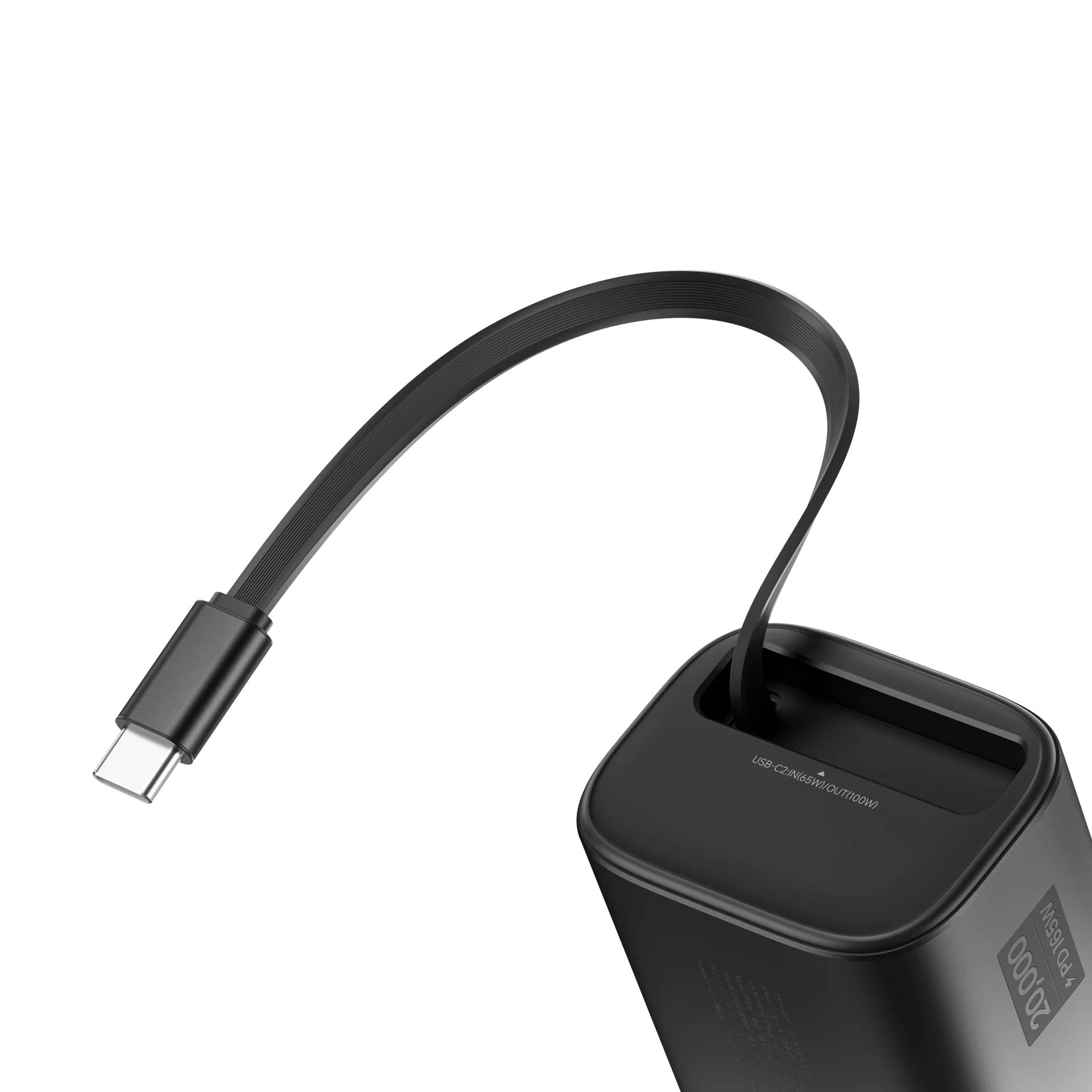 Sharge Retractable 165W Power Bank (20000mAh, Built‑in 100W USB‑C Cable) Black USB-C adapter with cable on a white background