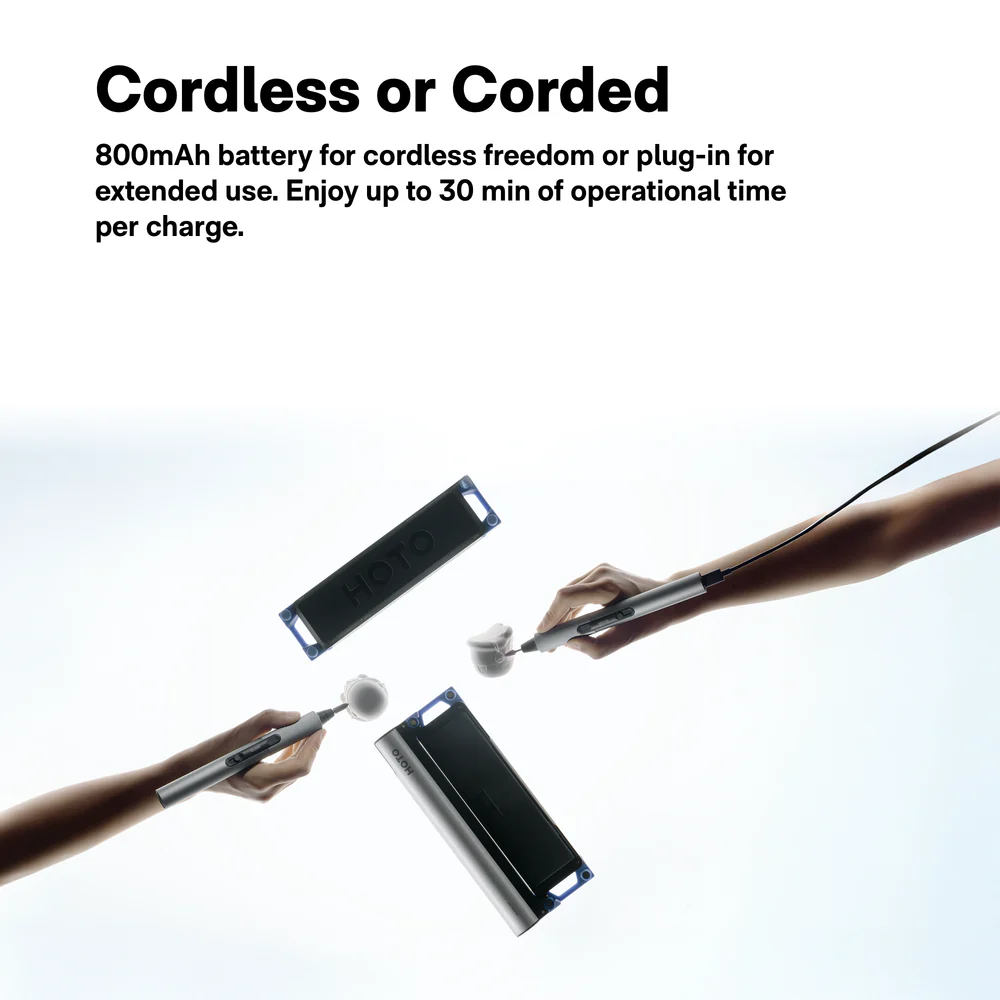 Two hands holding cleaning tools with text about cordless and corded options and battery life.