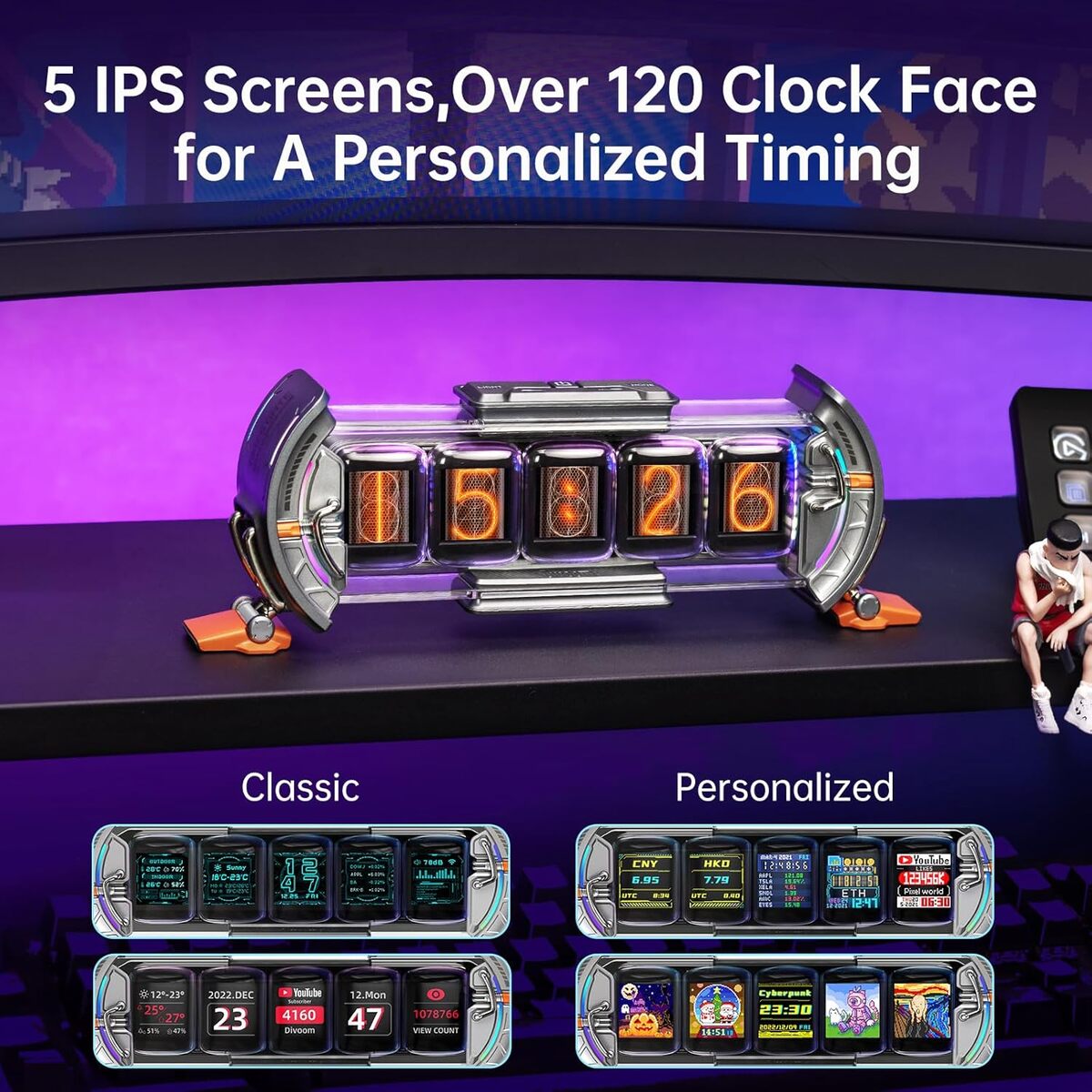 Divoom Times Gate 5‑Screen Smart Pixel Display (Wi‑Fi, RGB, Live Data Tracker) Digital clock with customizable faces on a dark background