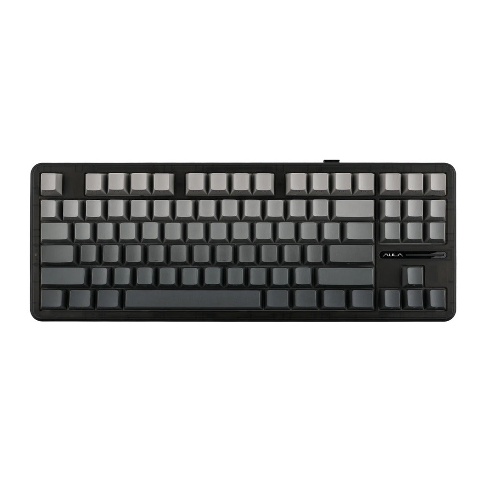 Mechanical keyboard with black frame and gray keys on a white background