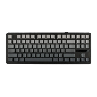 Mechanical keyboard with black frame and gray keys on a white background