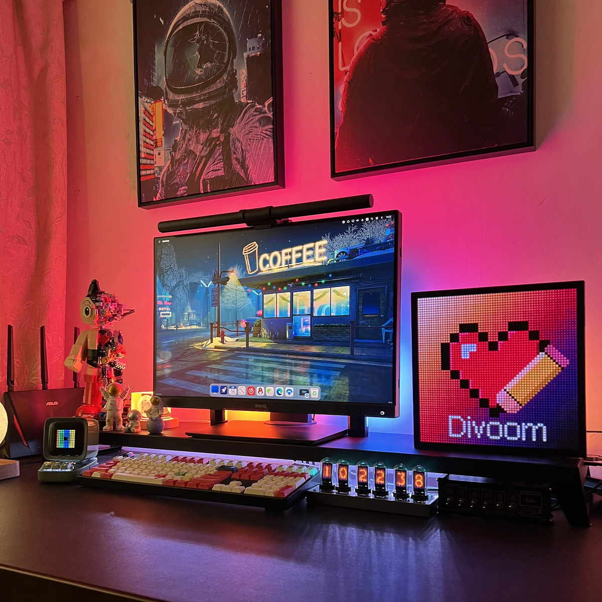 Divoom Pixoo 16×16 RGB Pixel LED Display (Smart App, Desktop & Wall Mount) Modern gaming setup with a monitor, keyboard, and colorful LED lights on a desk.
