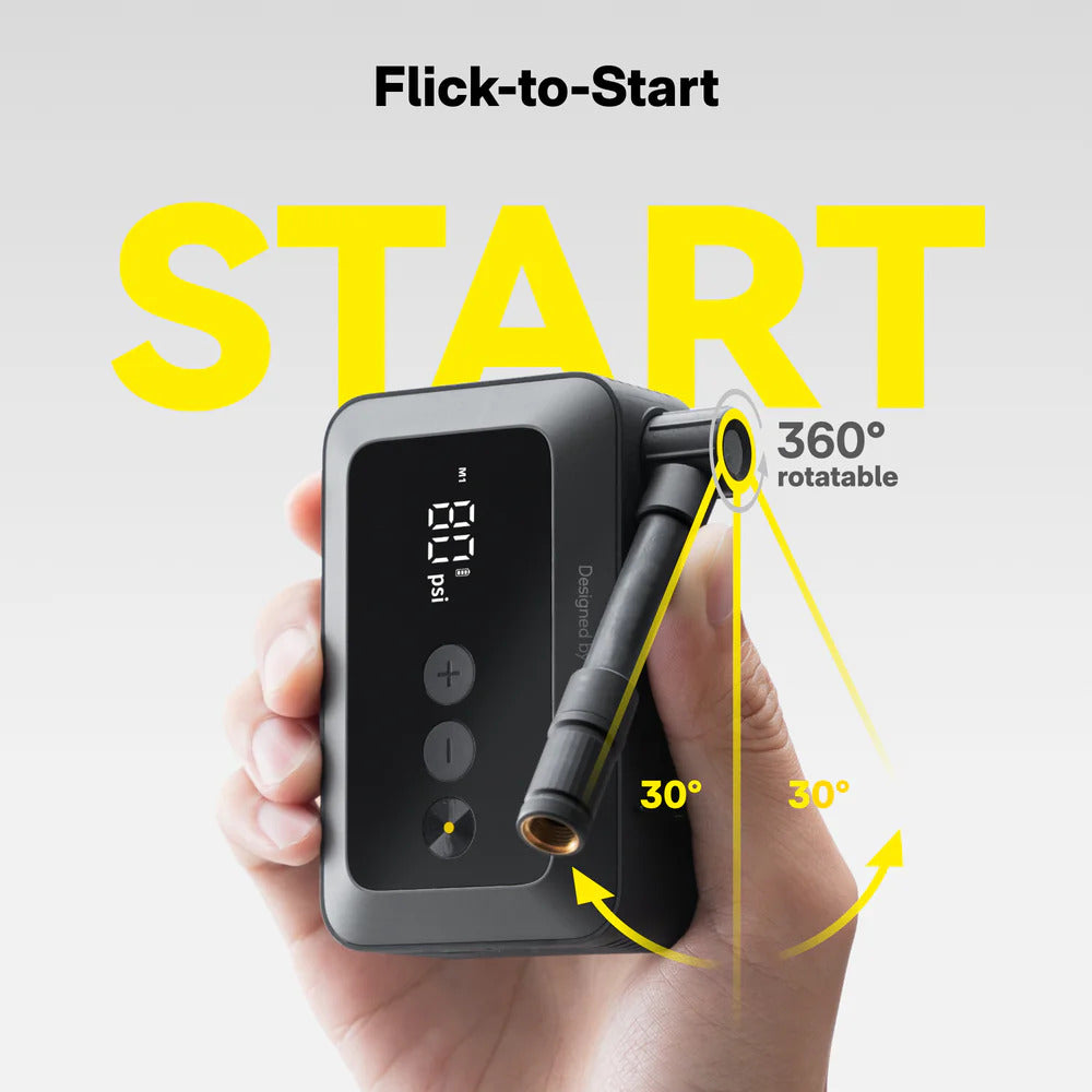 HOTO Air Pump Pocket, Hand holding a digital device with 'Flick-to-Start' text and features highlighted.