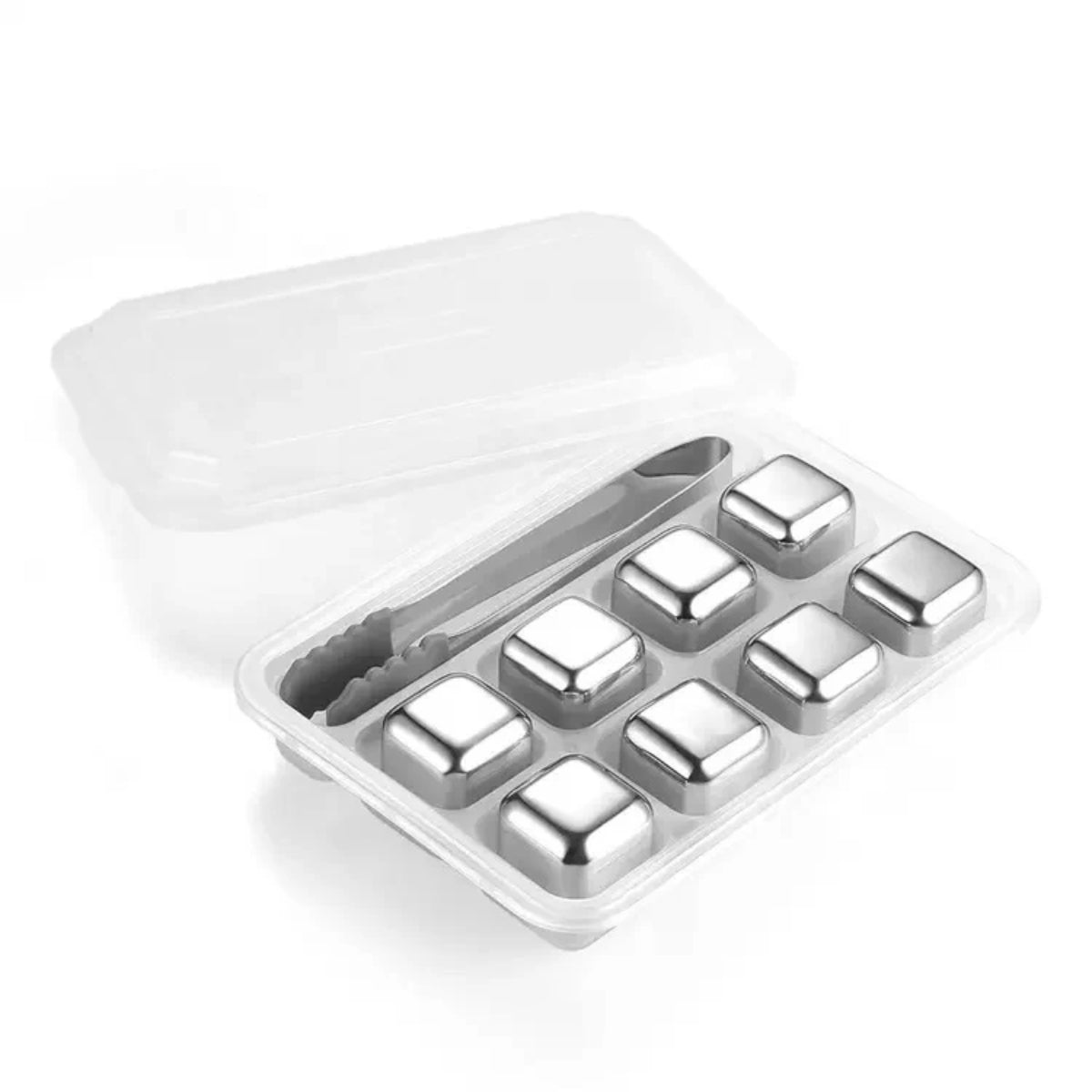 Stainless steel ice cube tray with multiple cubes on a white background