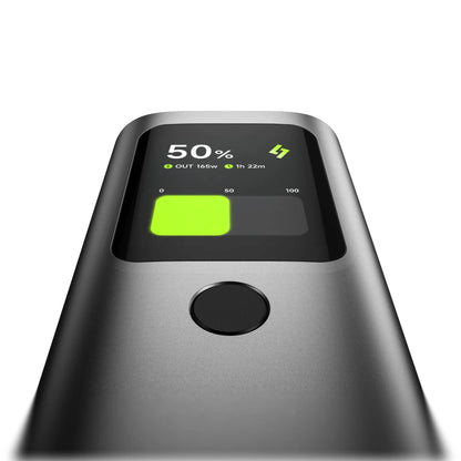 Sharge Retractable 165W Power Bank (20000mAh, Built‑in 100W USB‑C Cable) Silver electronic device with digital display on a white background
