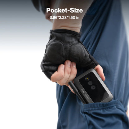HOTO Air Pump Pocket, Person holding a small device with 'Pocket-Size' text and dimensions displayed.