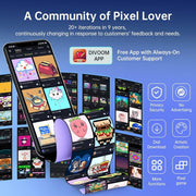 Divoom app interface with various screens on a blue background, featuring the Divoom logo and text about the app's features.