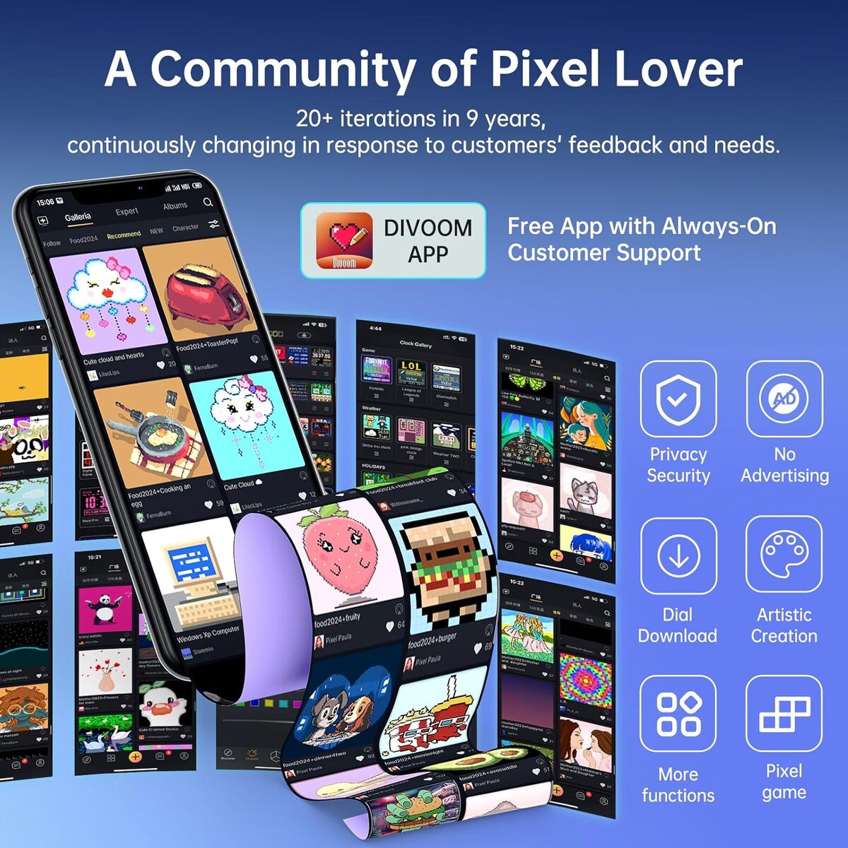 Divoom app interface with various screens on a blue background, featuring the Divoom logo and text about the app's features.