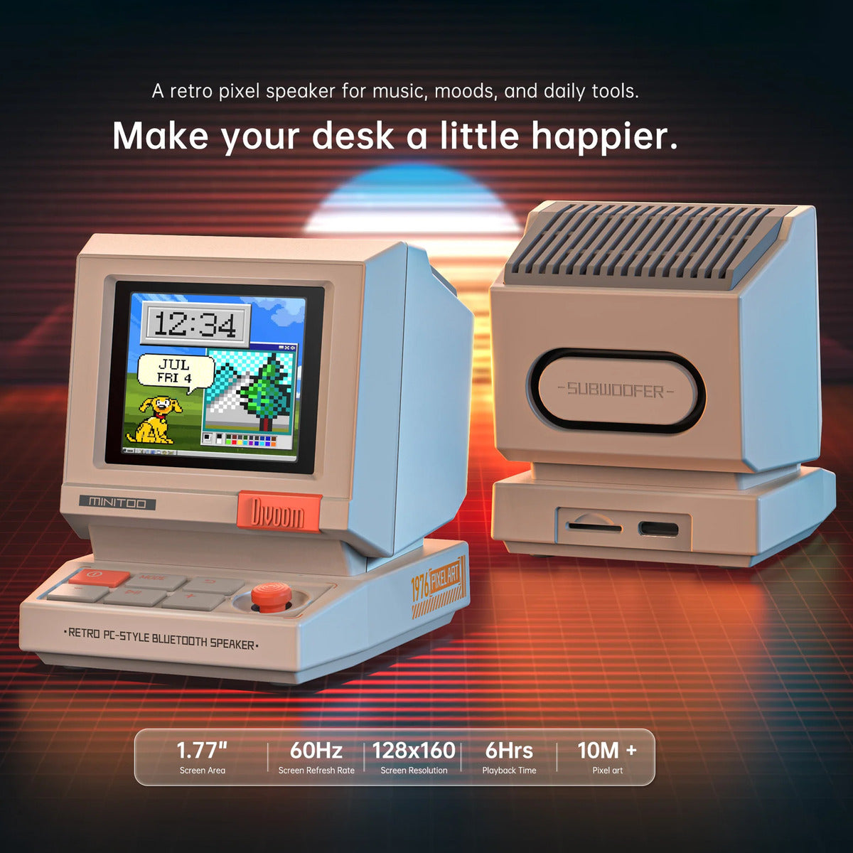 Divoom MiniToo Retro Pixel Bluetooth Speaker (1.77" Screen, 5W, App Control) Retro pixel-style Bluetooth speaker with screen on a dark background