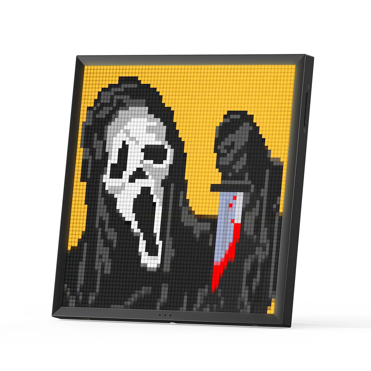 Divoom Pixoo 16×16 RGB Pixel LED Display (Smart App, Desktop & Wall Mount) Pixelated artwork of a character with a mask and knife on a yellow background