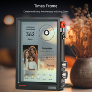 Digital frame with calendar and weather display on a blurred background