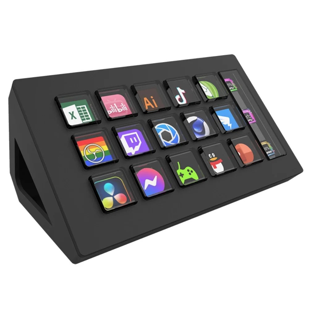 Black electronic device with colorful app icons on a white background
