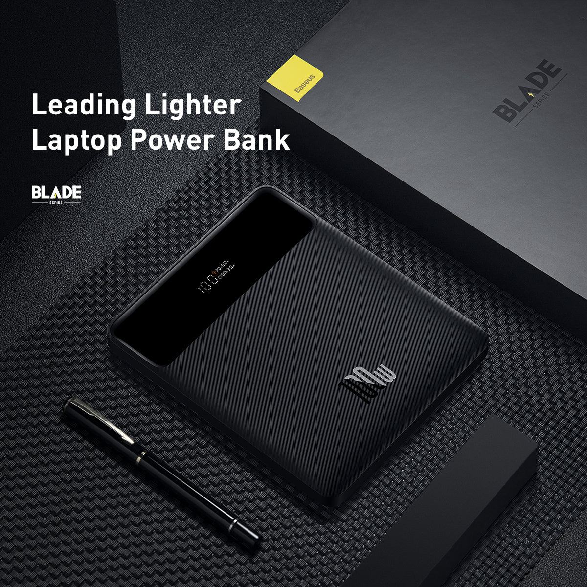 Baseus Blade Digital Display Quick Charge Power Bank 20000mAh 100W Black laptop power bank with Blade branding on a dark textured surface