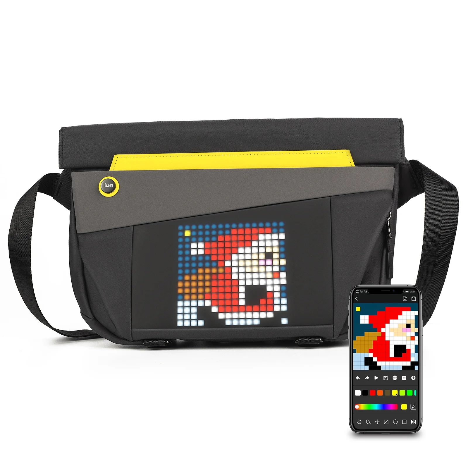Divoom Pixoo Slingbag‑V Smart LED Sling Bag (4.7" Pixel Screen, App Control) Black messenger bag with pixelated design of a character, next to a smartphone displaying a similar pixel art.