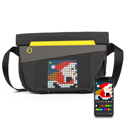 Divoom Pixoo Slingbag‑V Smart LED Sling Bag (4.7" Pixel Screen, App Control) Black messenger bag with pixelated design of a character, next to a smartphone displaying a similar pixel art.
