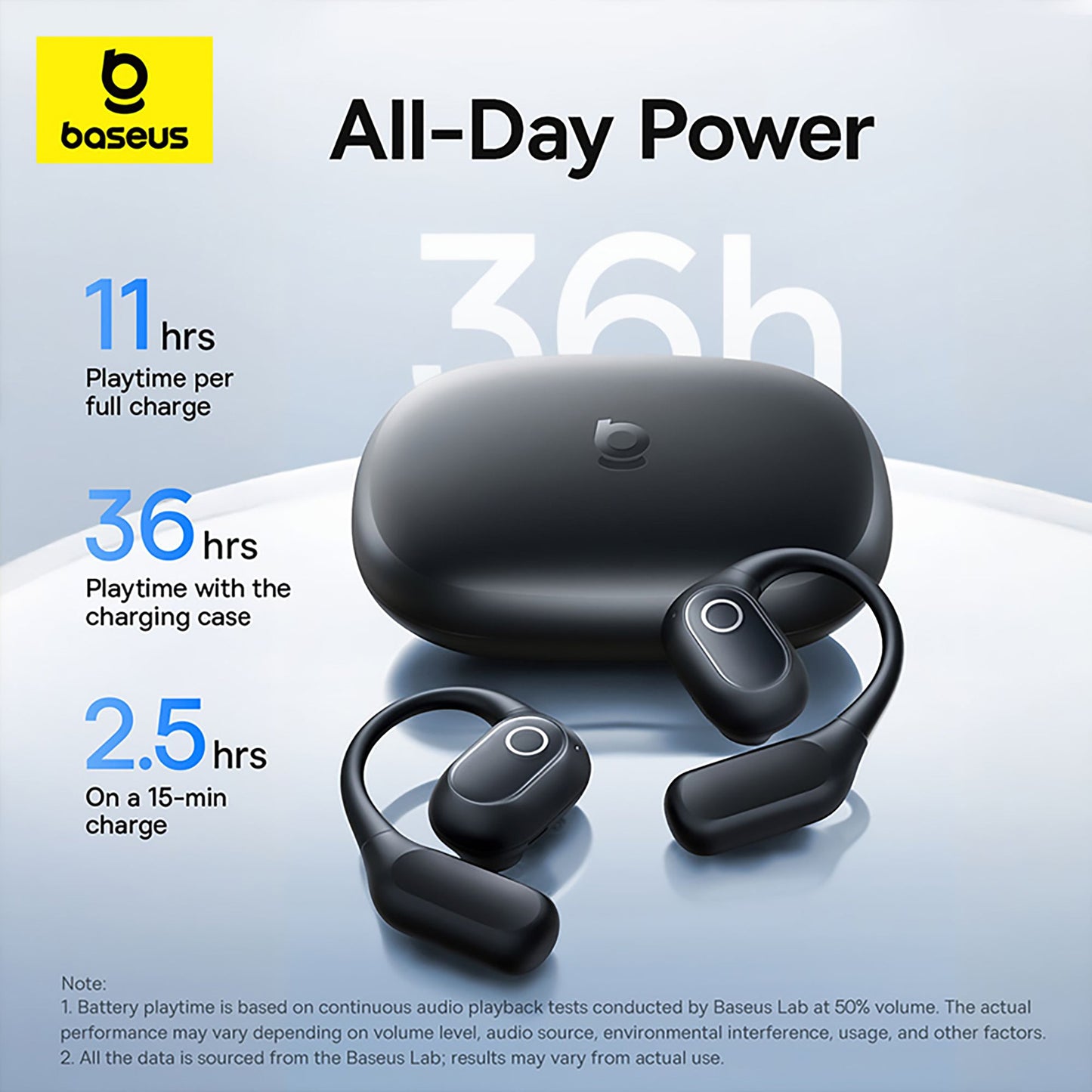 Baseus wireless earbuds with charging case on a light gray background, displaying battery life information.