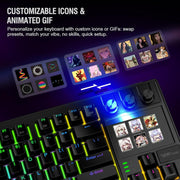 Mechanical keyboard with customizable icon and GIF display on a dark background