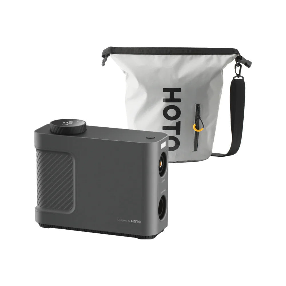 HOTO Air Pump Master, Gray Hoto camera with a matching carrying case on a white background