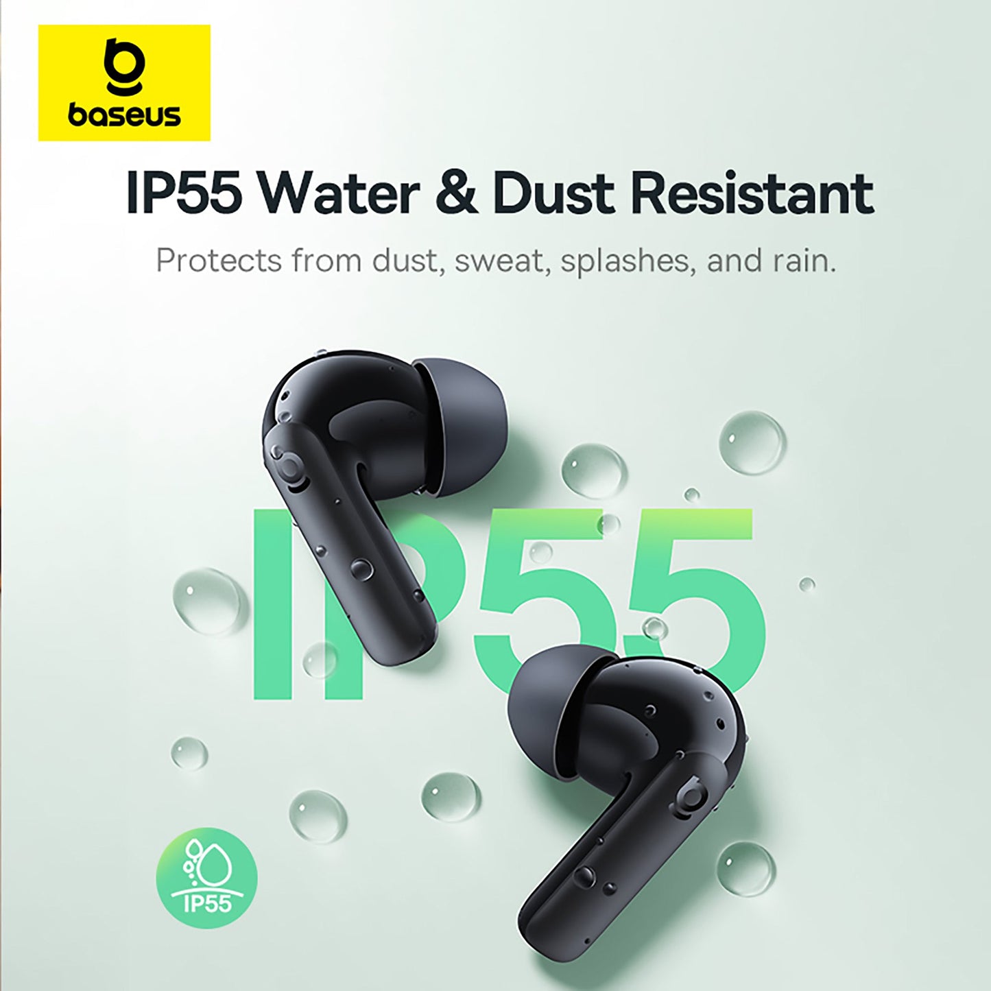 Black wireless earbuds with water and dust resistance features on a light gray background, featuring the Baseus brand.