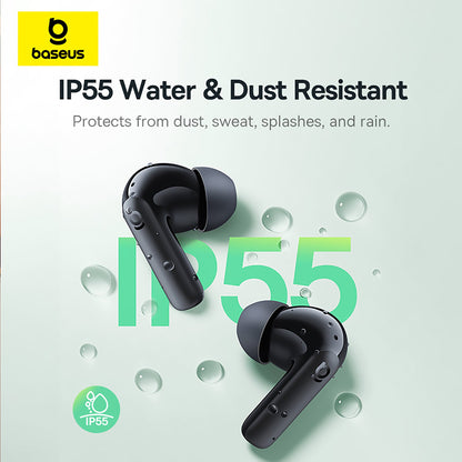 Black wireless earbuds with water and dust resistance features on a light gray background, featuring the Baseus brand.