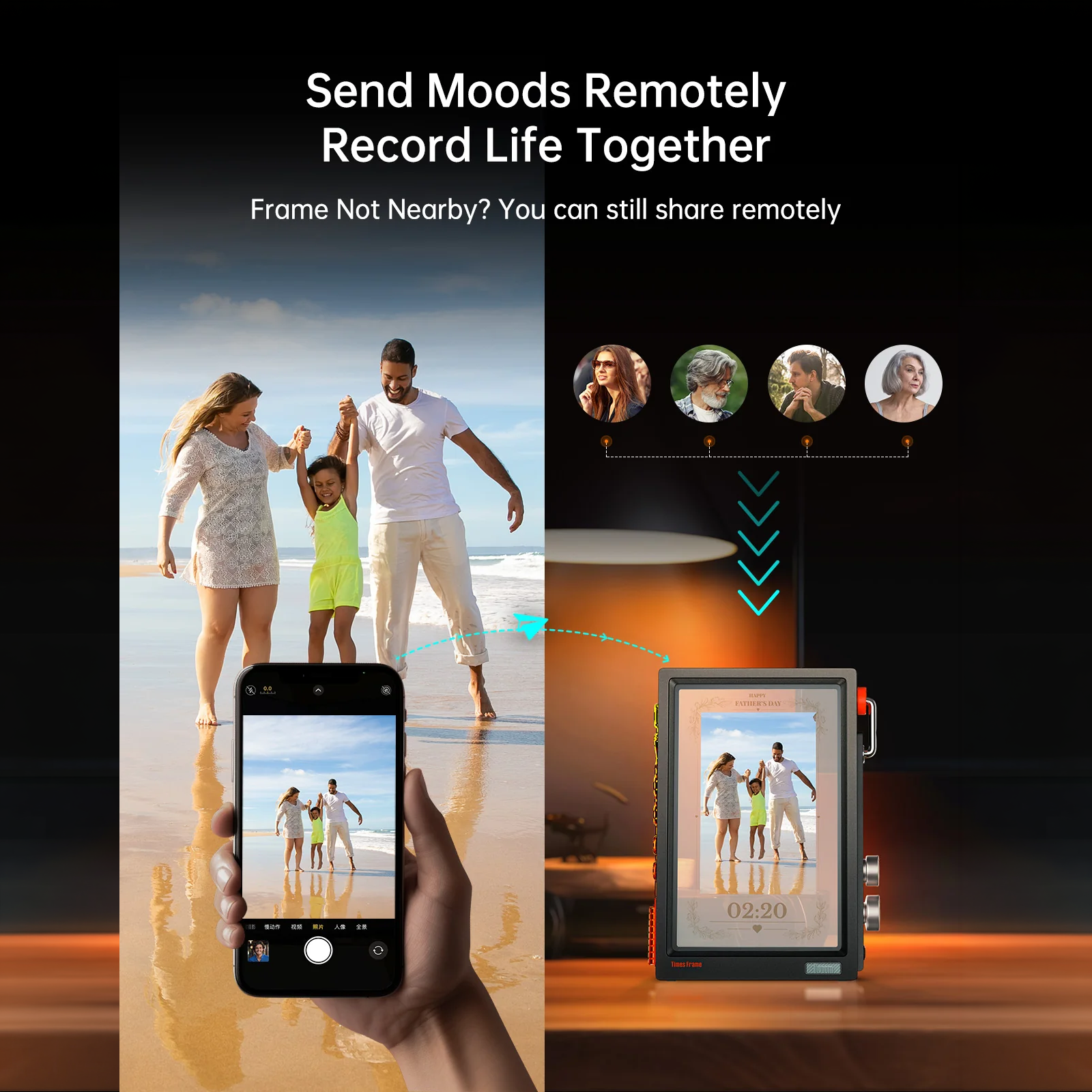 Smart photo frame with smartphone app for sharing moods remotely and recording life together.