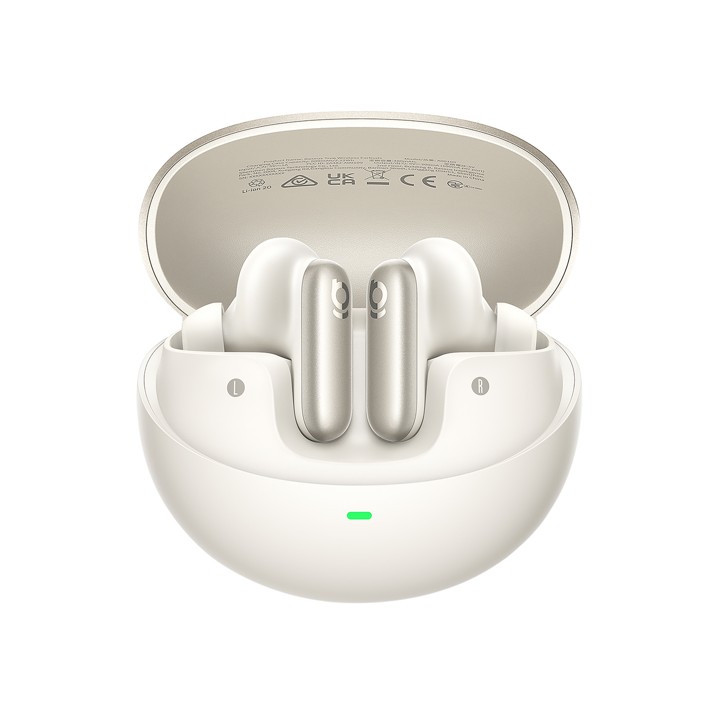 White wireless earbuds in an open charging case on a white background