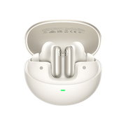 White wireless earbuds in an open charging case on a white background