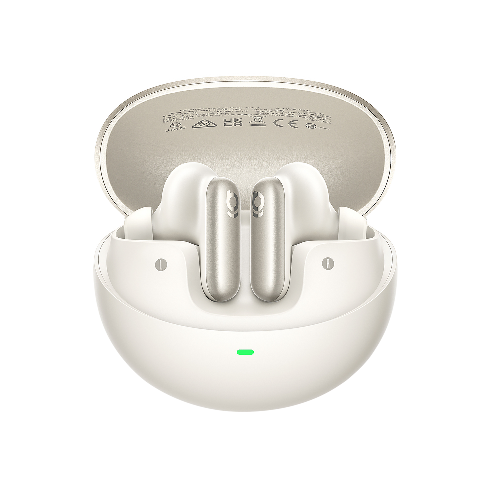 White wireless earbuds in an open charging case on a white background