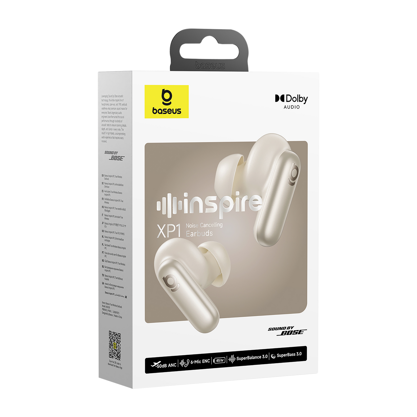 Baseus Inspire XP1 noise-cancelling earbuds packaging on a white background