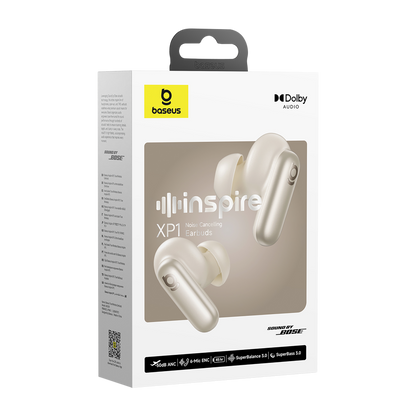 Baseus Inspire XP1 noise-cancelling earbuds packaging on a white background