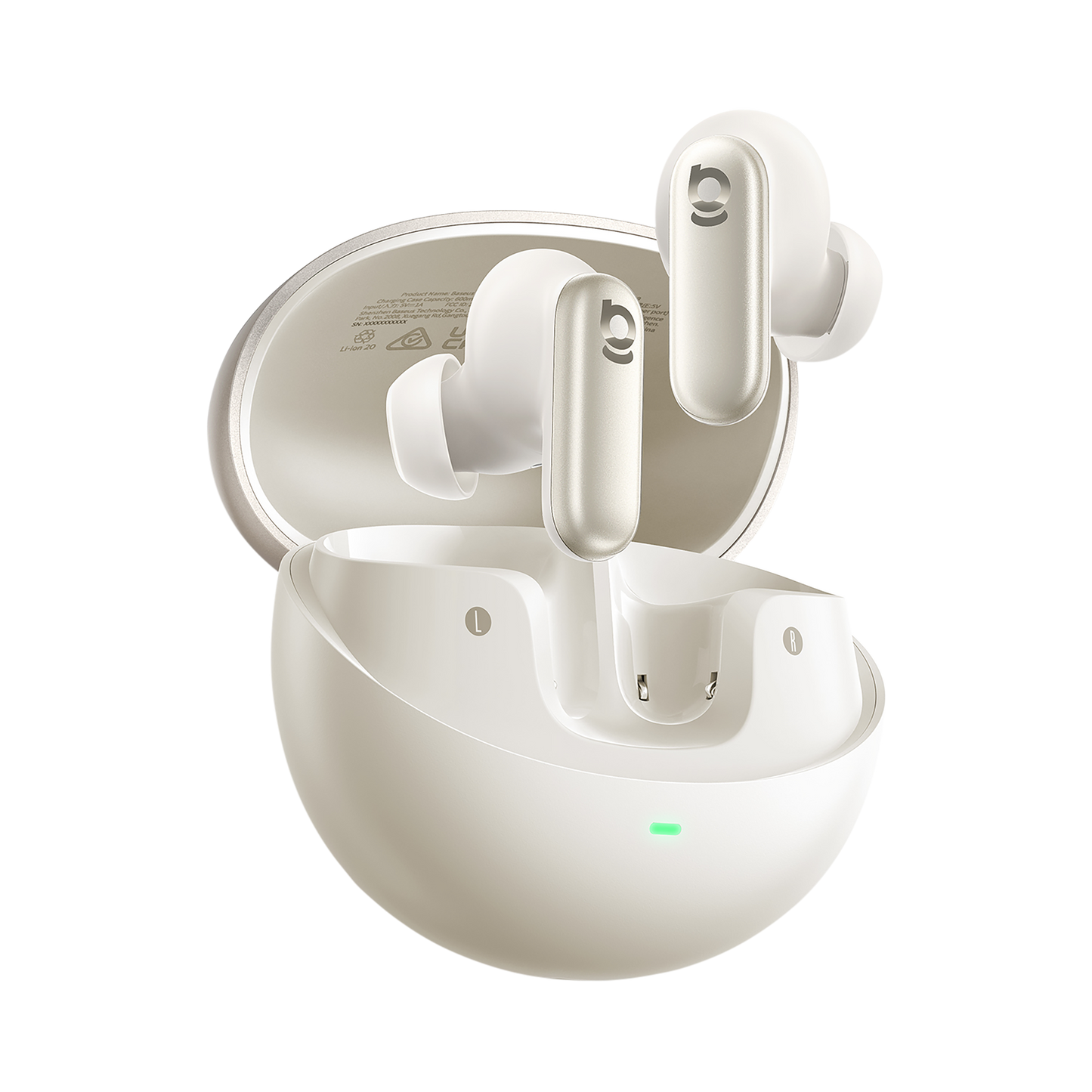 White wireless earbuds with charging case on a white background