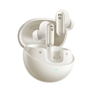 White wireless earbuds with charging case on a white background
