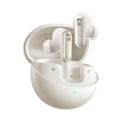 White wireless earbuds with charging case on a white background