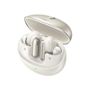 Wireless earbuds in a charging case on a white background