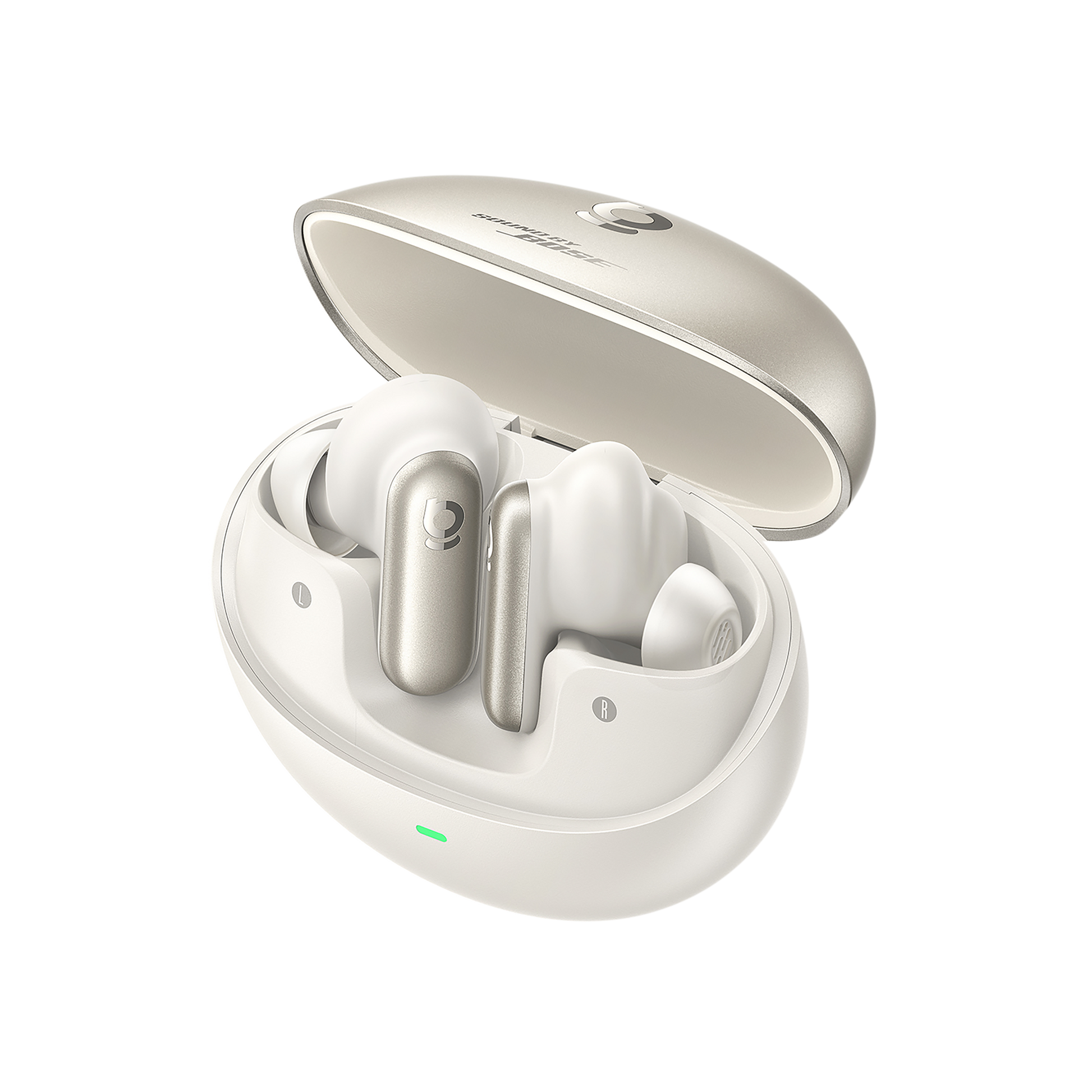 Wireless earbuds in a charging case on a white background