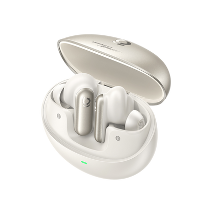 Wireless earbuds in a charging case on a white background