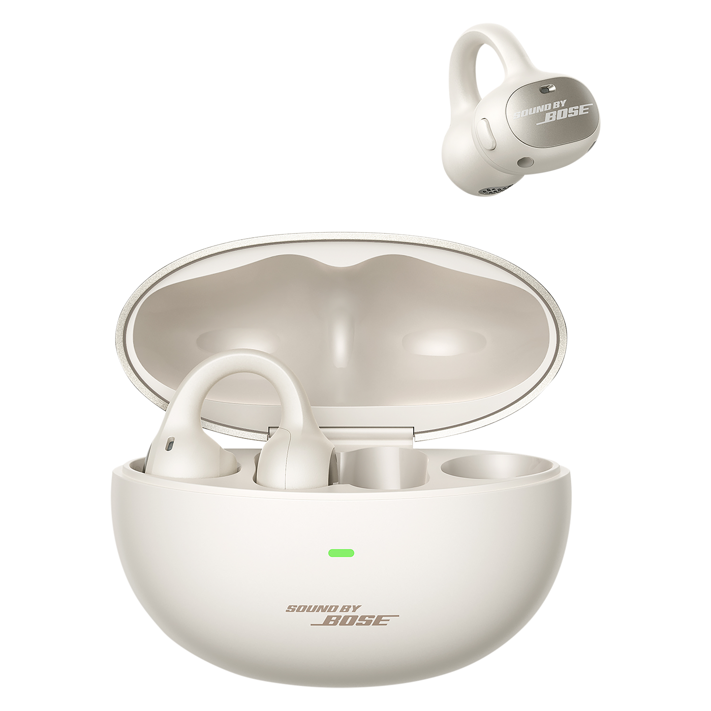 Bose wireless earbuds with charging case on a white background