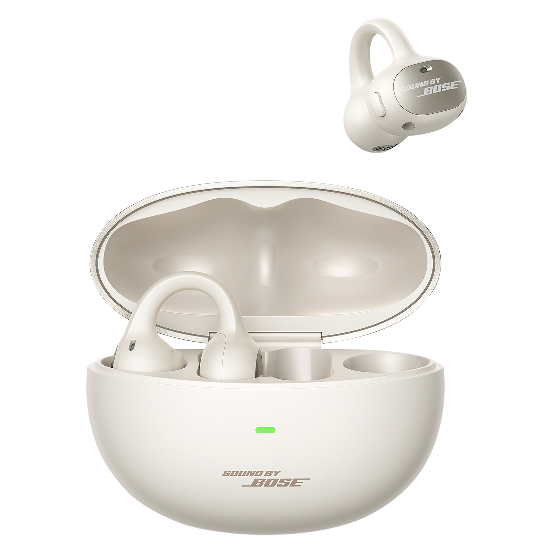 Bose wireless earbuds with charging case on a white background